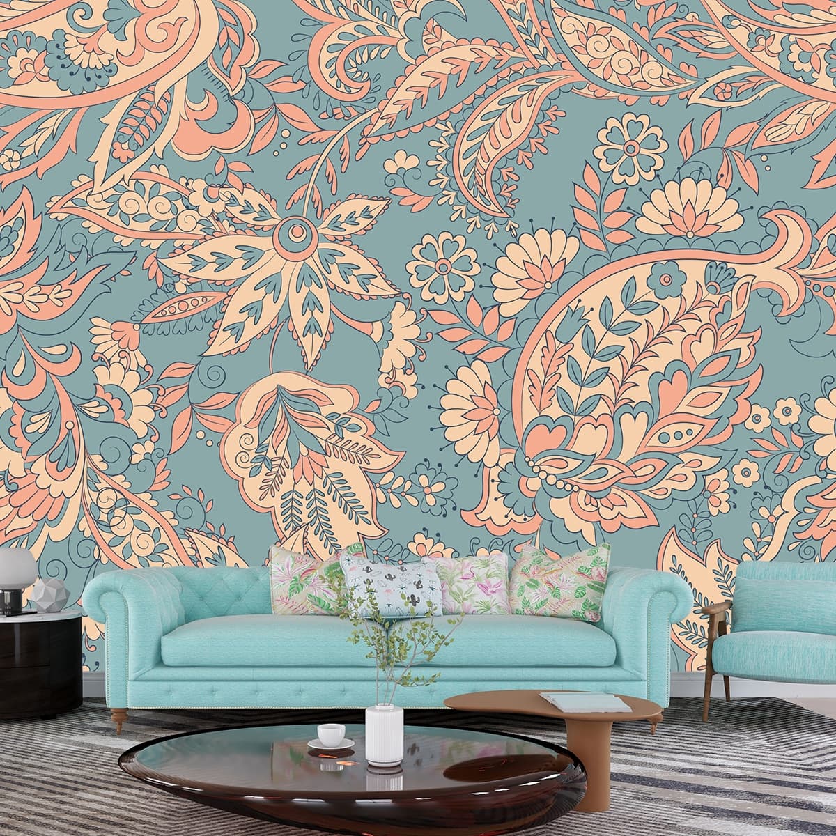 Vintage Paisley Floral Wallpaper shown in a room