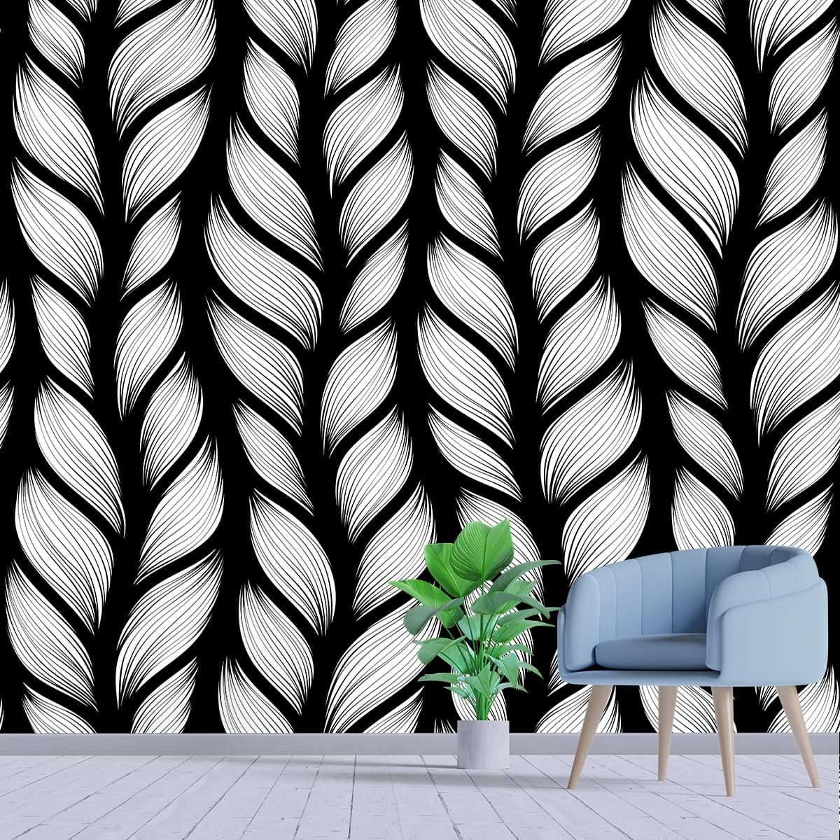Black and white braided pattern wallpaper shown in a room