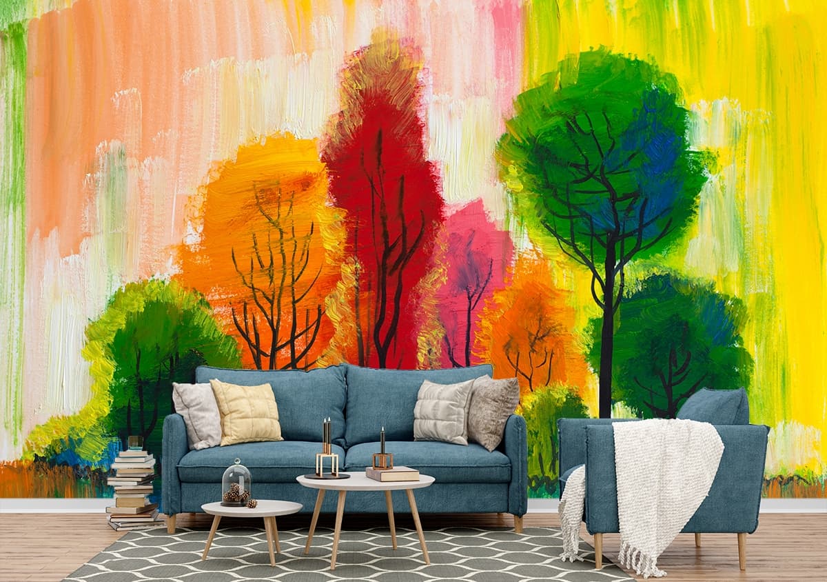 Multicolor Trees Landscape Painting wallpaper shown in a room
