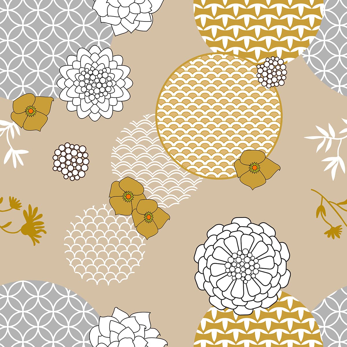 Modern Botanical Flowers and Circle Art wallpaper pattern detail