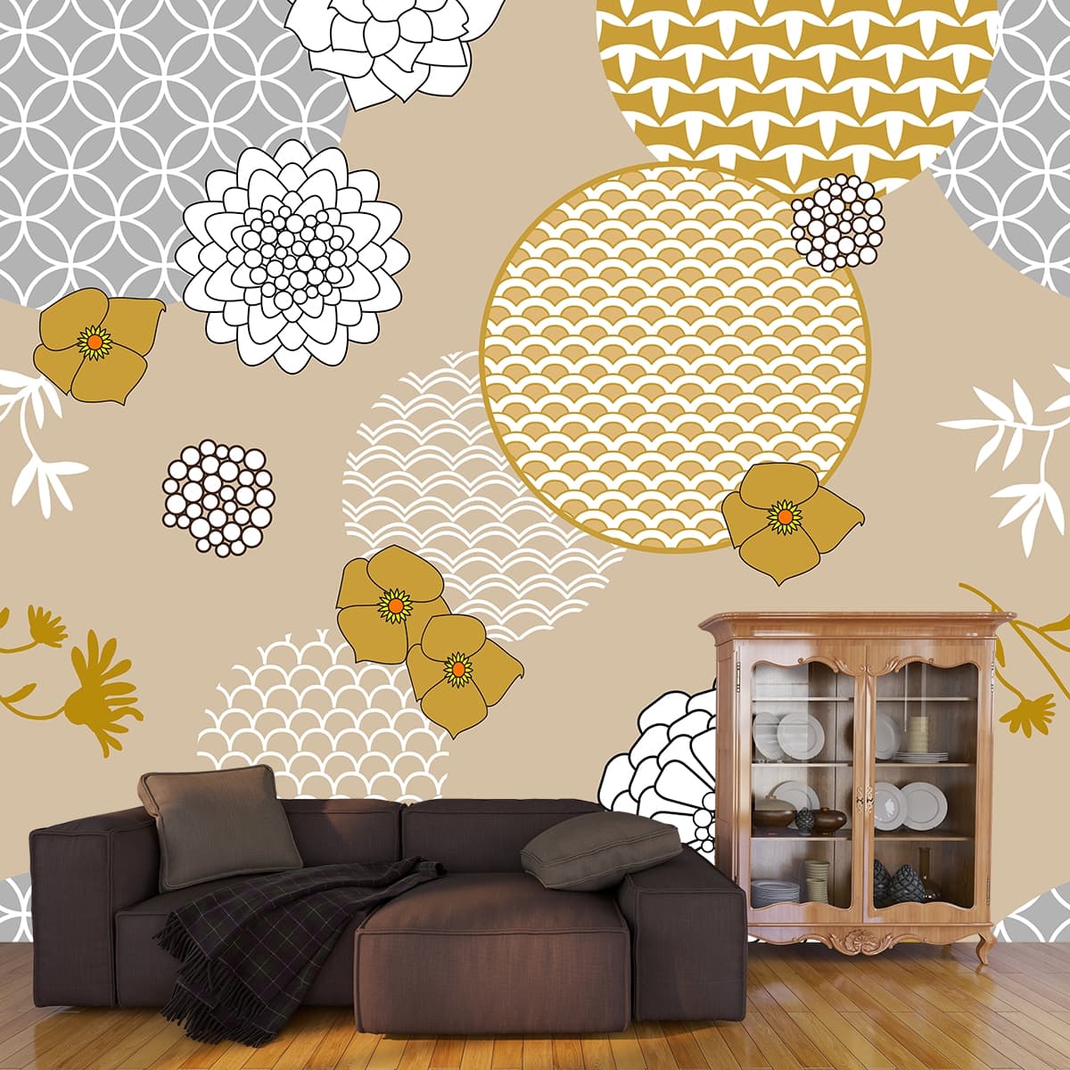 Modern Botanical Flowers and Circle Art wallpaper shown in a room