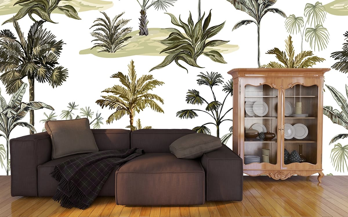 Modern Palm Trees Botanical Pattern Wallpaper shown in a room