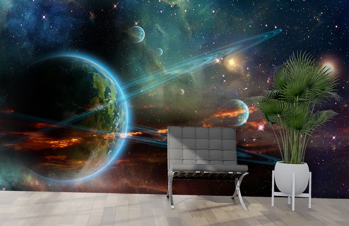 Cosmic Galaxy with Multiple Planets and Stars Wallpaper shown in a room