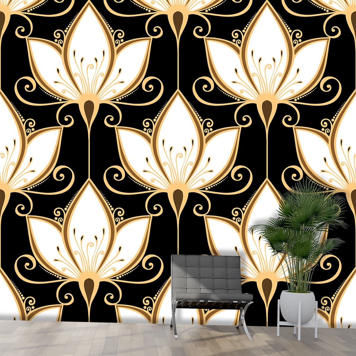 A pattern of white and gold flowers shown in a room