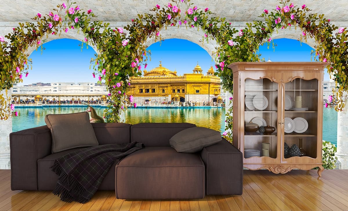 Golden Temple and Peacock Wallpaper shown in a room