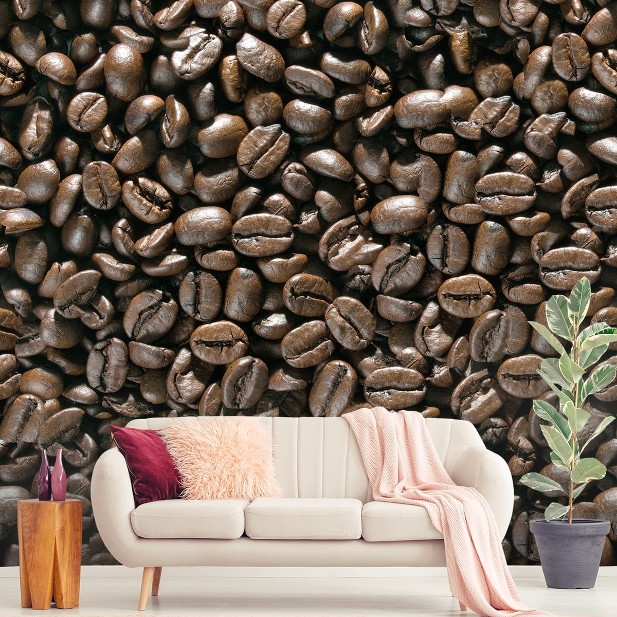 3D Coffee Beans Wallpaper for Cafeteria shown in a room