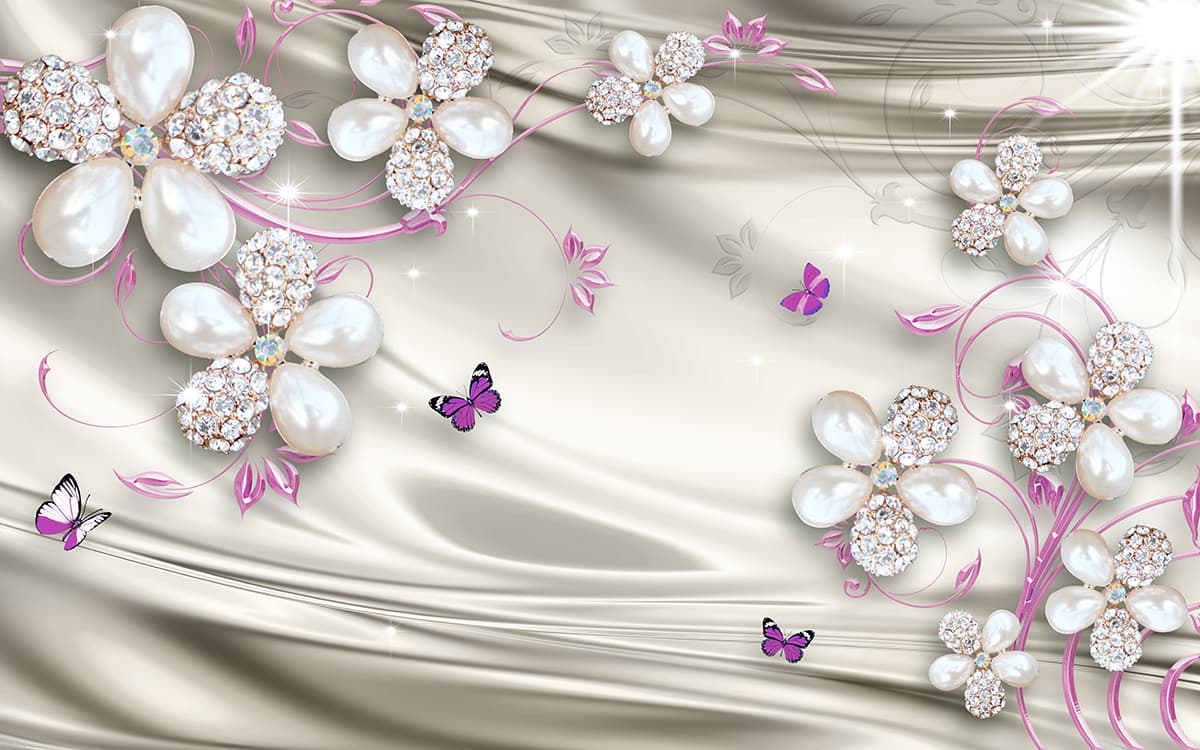 3D Jewelled Flowers and Butterflies Wallpaper Mural pattern detail