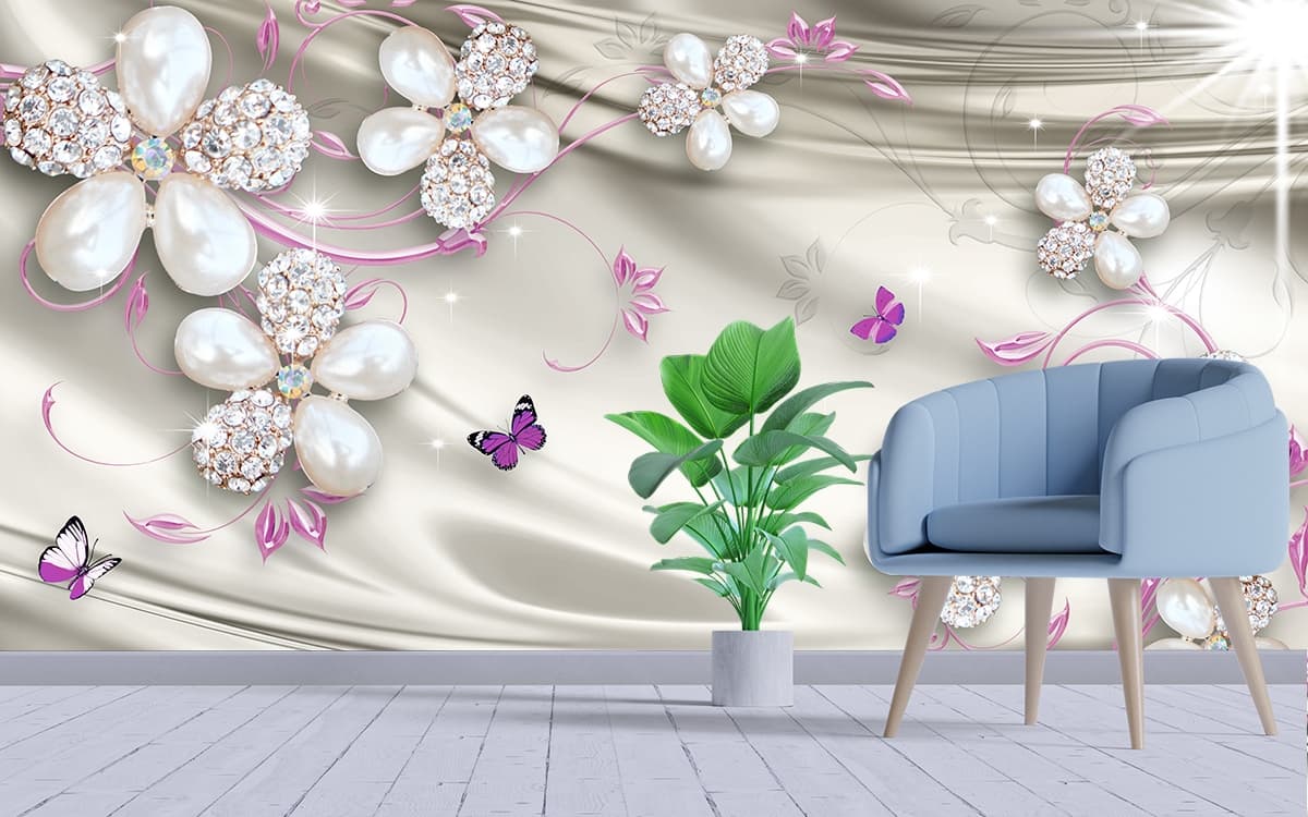 3D Jewelled Flowers and Butterflies Wallpaper Mural shown in a room