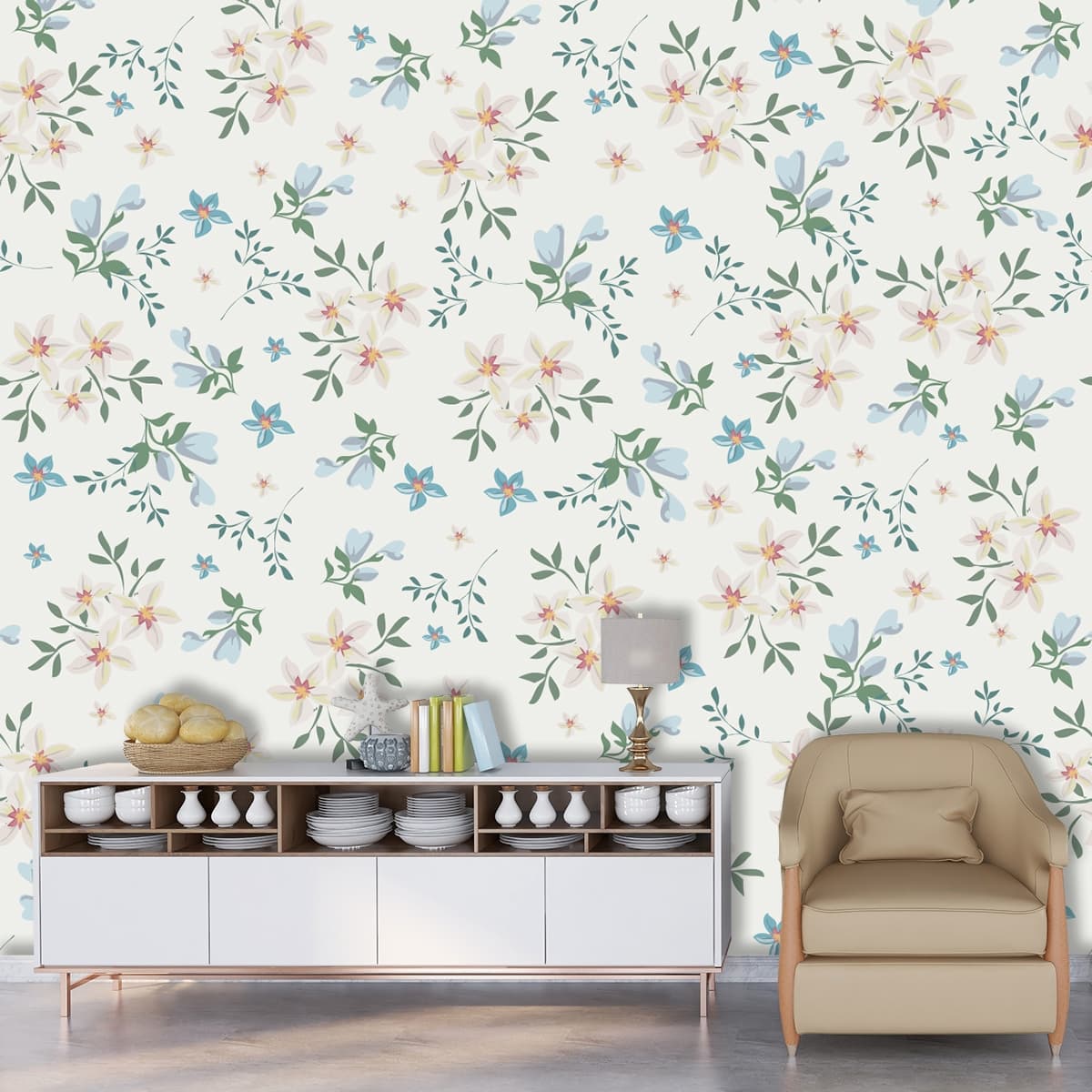Beautiful Floral Flowers Wallpaper Pattern shown in a room
