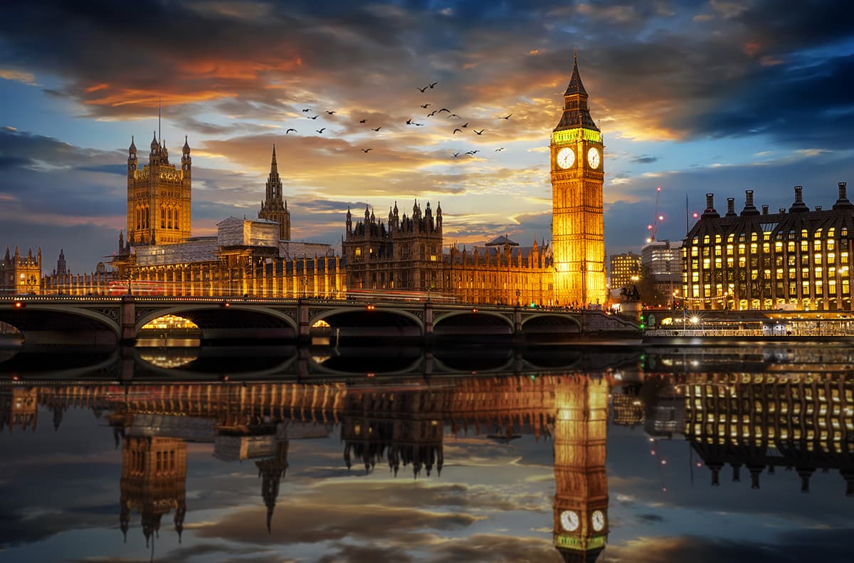 Clock Tower and Bridge Over River Scenic wallpaper pattern detail