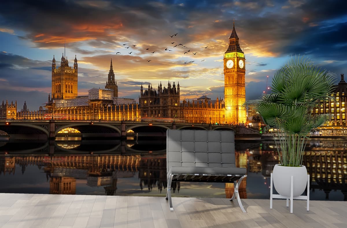 Clock Tower and Bridge Over River Scenic wallpaper shown in a room