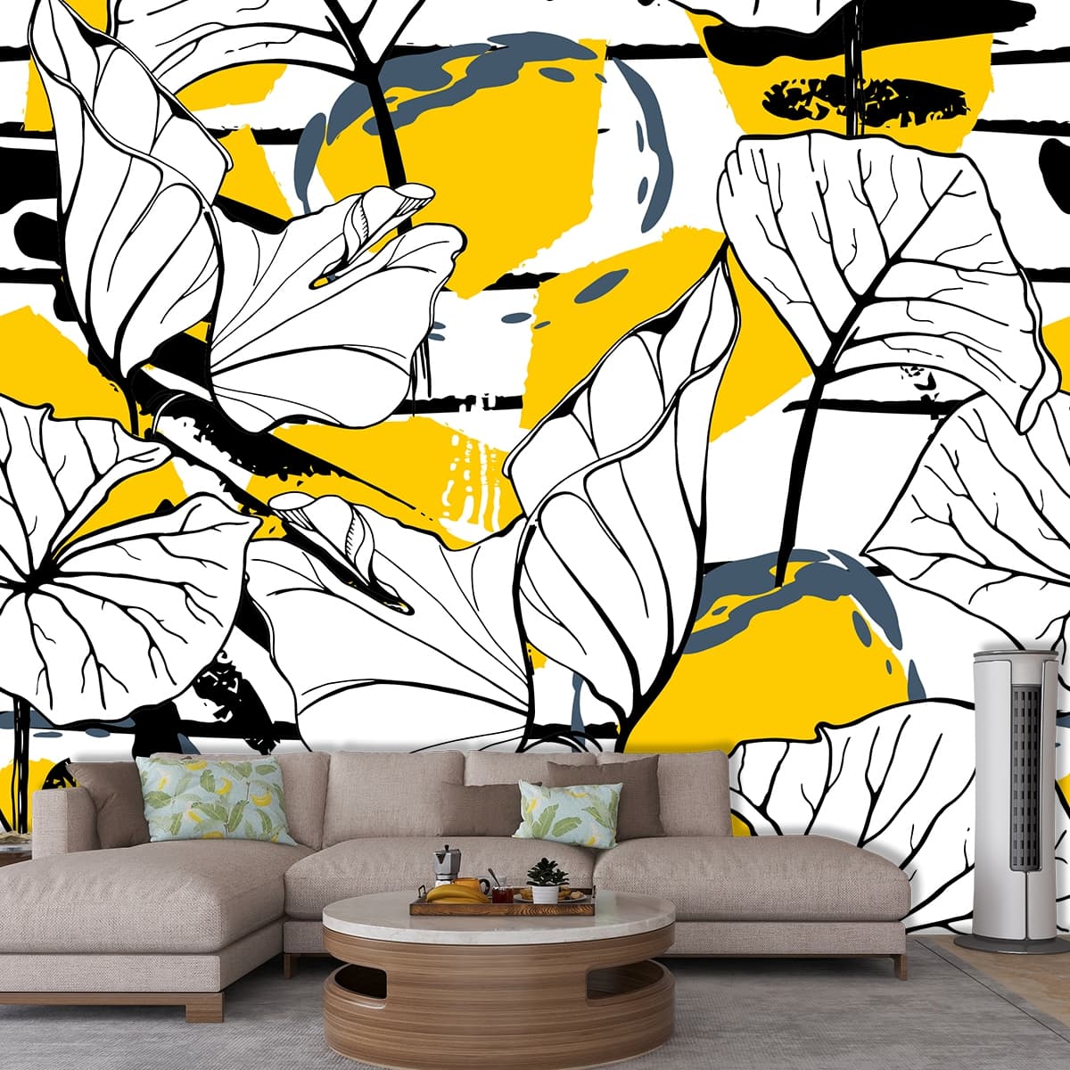 Leaf Pattern with Stripes Modern Wallpaper shown in a room