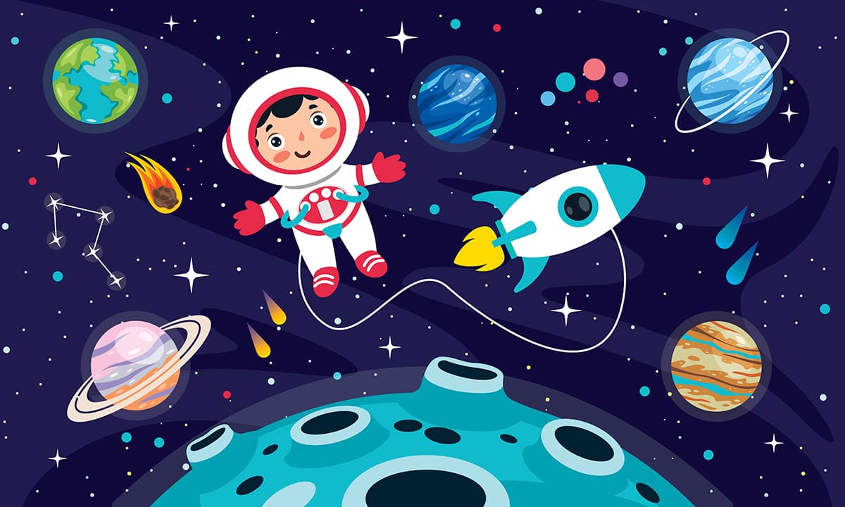 Boy Exploring Space Kids Room Wallpaper pattern detail