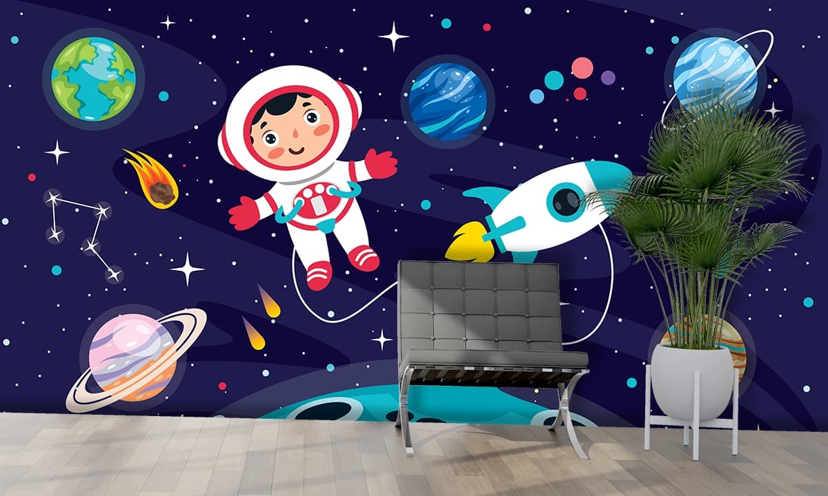 Boy Exploring Space Kids Room Wallpaper shown in a room