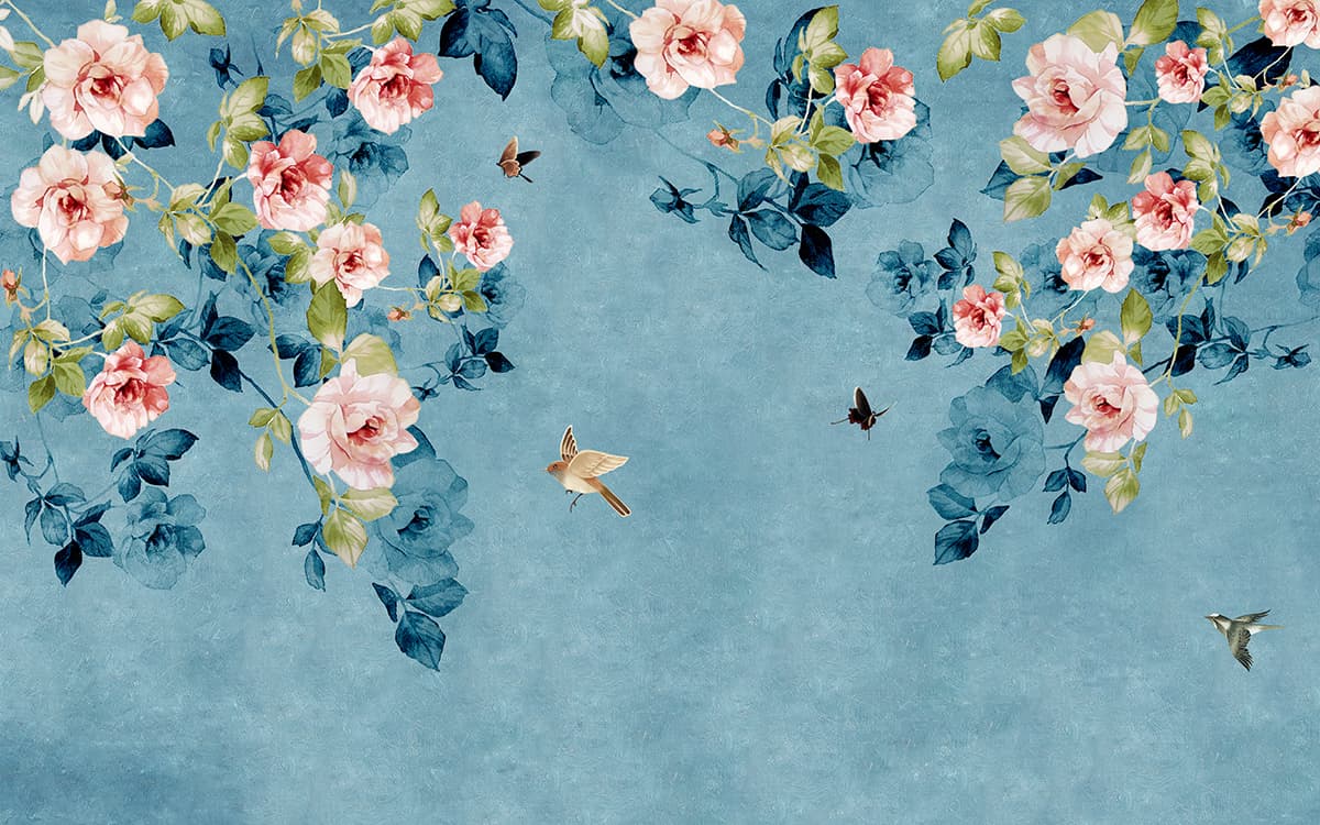 Blue Floral Heaven Wallpaper Mural pattern detail