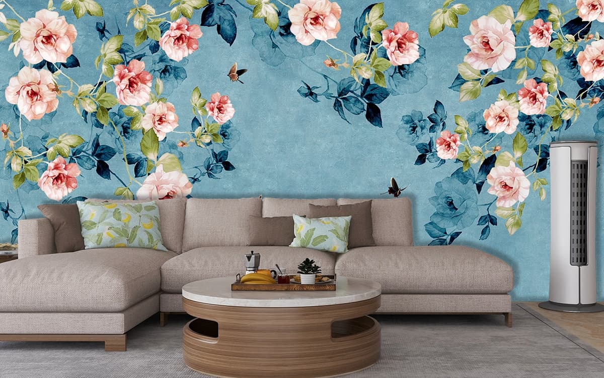 Blue Floral Heaven Wallpaper Mural shown in a room