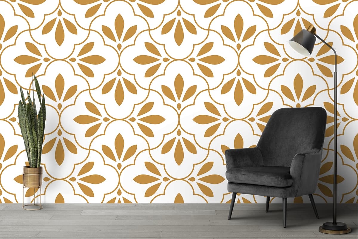 A pattern of orange and white flowers shown in a room