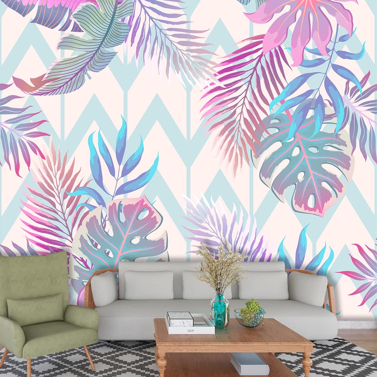 Colorful Leaves Chevron Pattern Design wallpaper shown in a room