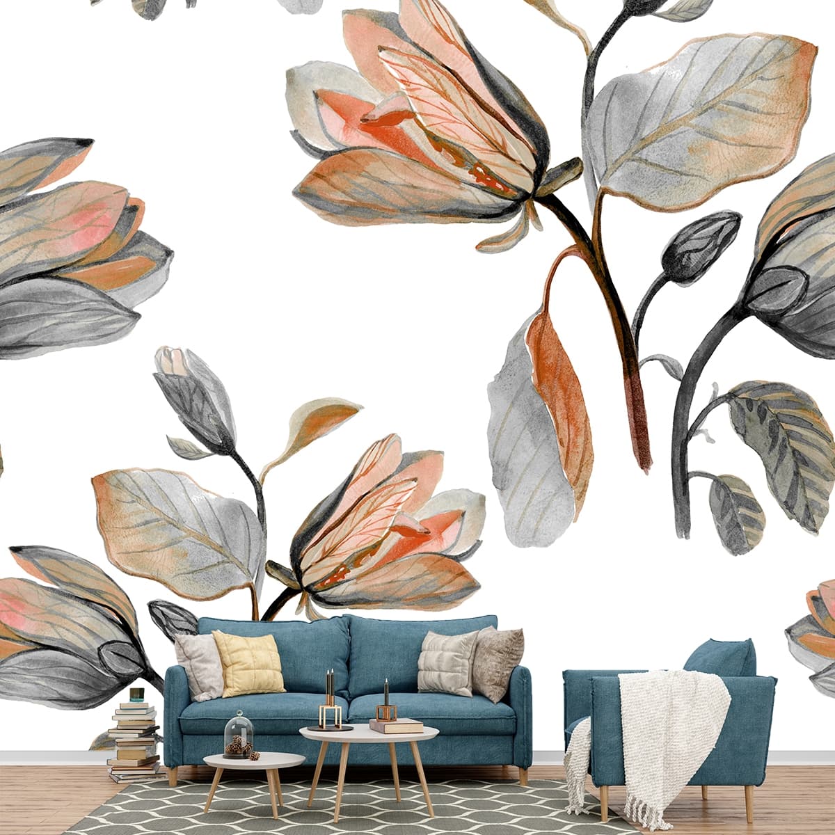 Nature Inspired Flowers and Leaves Pattern Wallpaper shown in a room