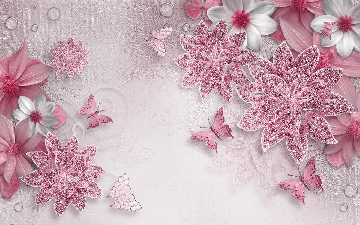 Pink Flowers and Butterflies Elegant Wall Mural Wallpaper pattern detail