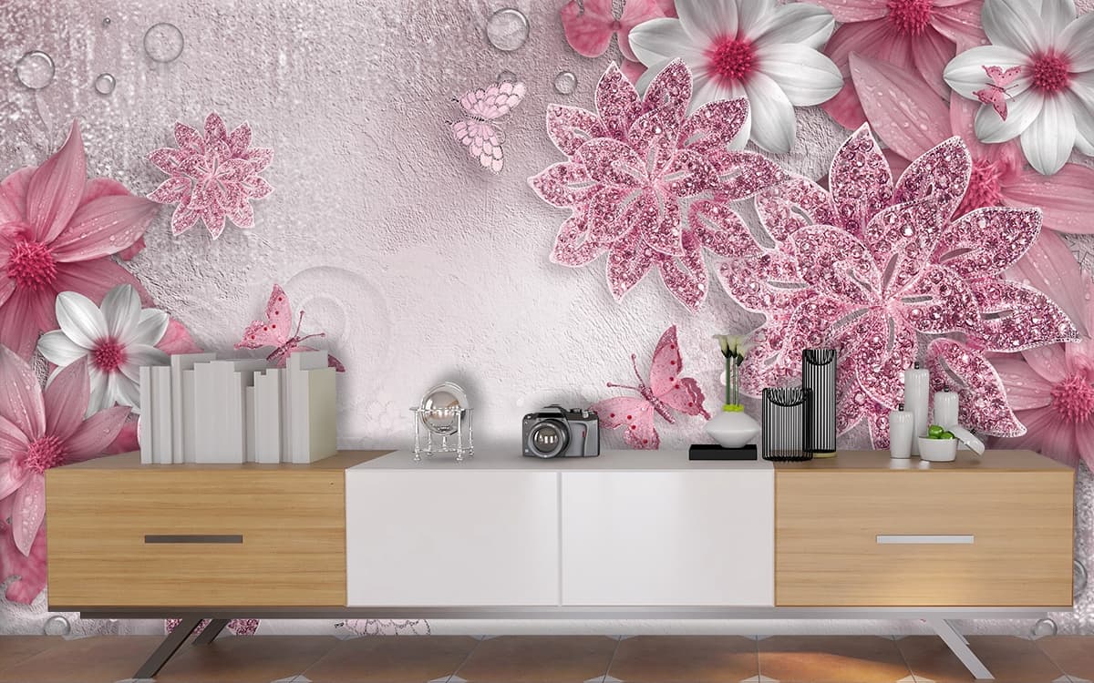Pink Flowers and Butterflies Elegant Wall Mural Wallpaper shown in a room