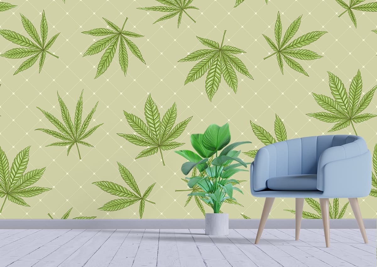 Deep Green Leaves Pattern Wallpaper Mural shown in a room