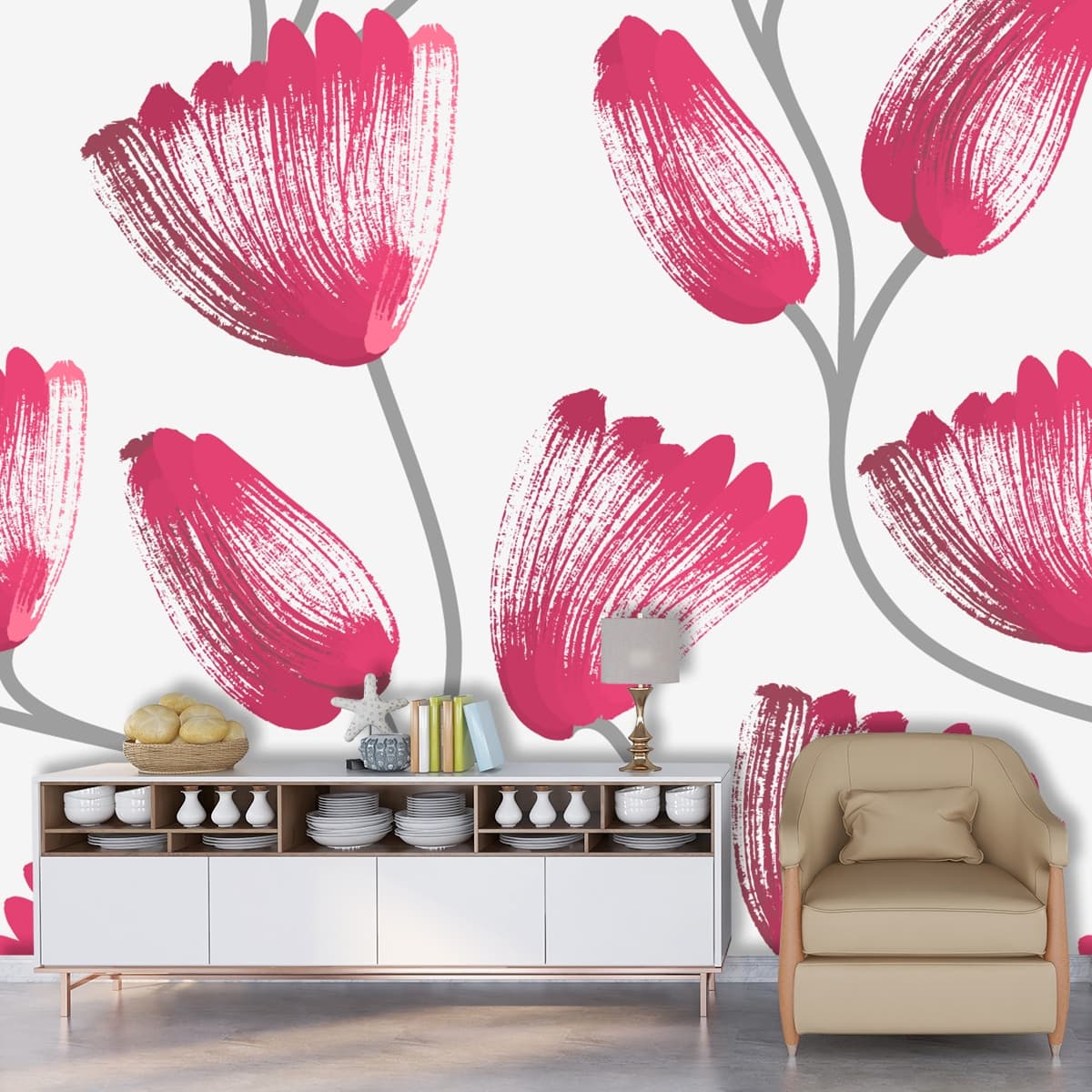 Pink Floral Art Wallpaper Mural shown in a room
