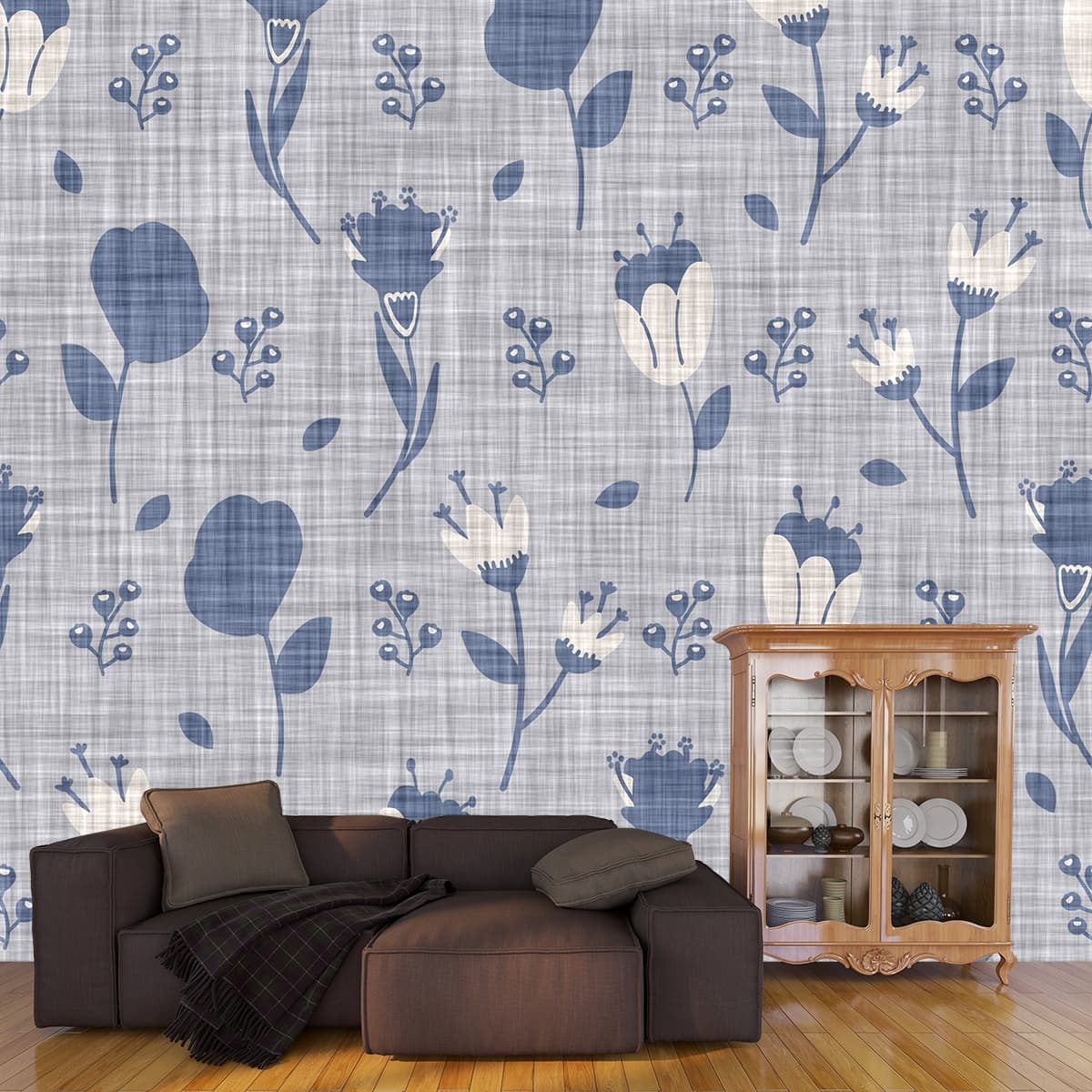 Blue Floral Damask Wallpaper for Walls shown in a room