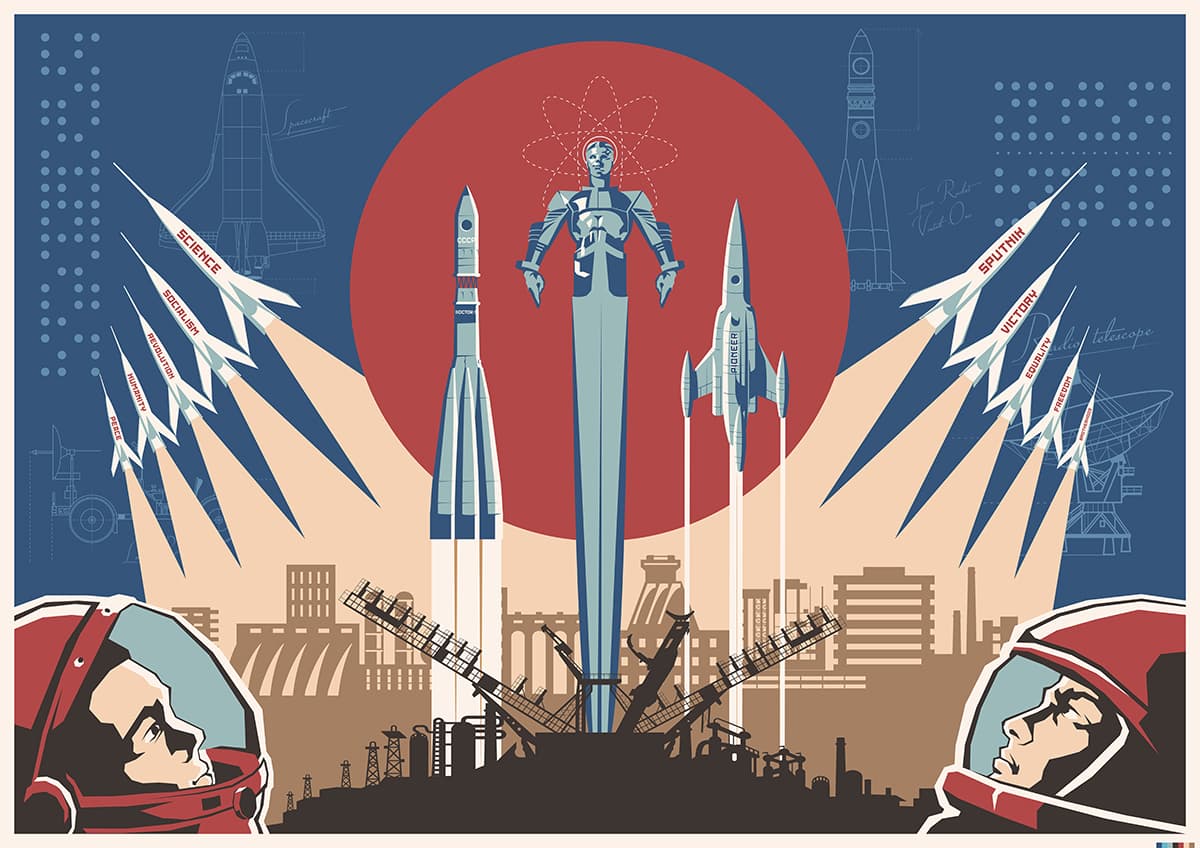 Space Explorer Poster with Astronaut and Rockets Wallpaper pattern detail
