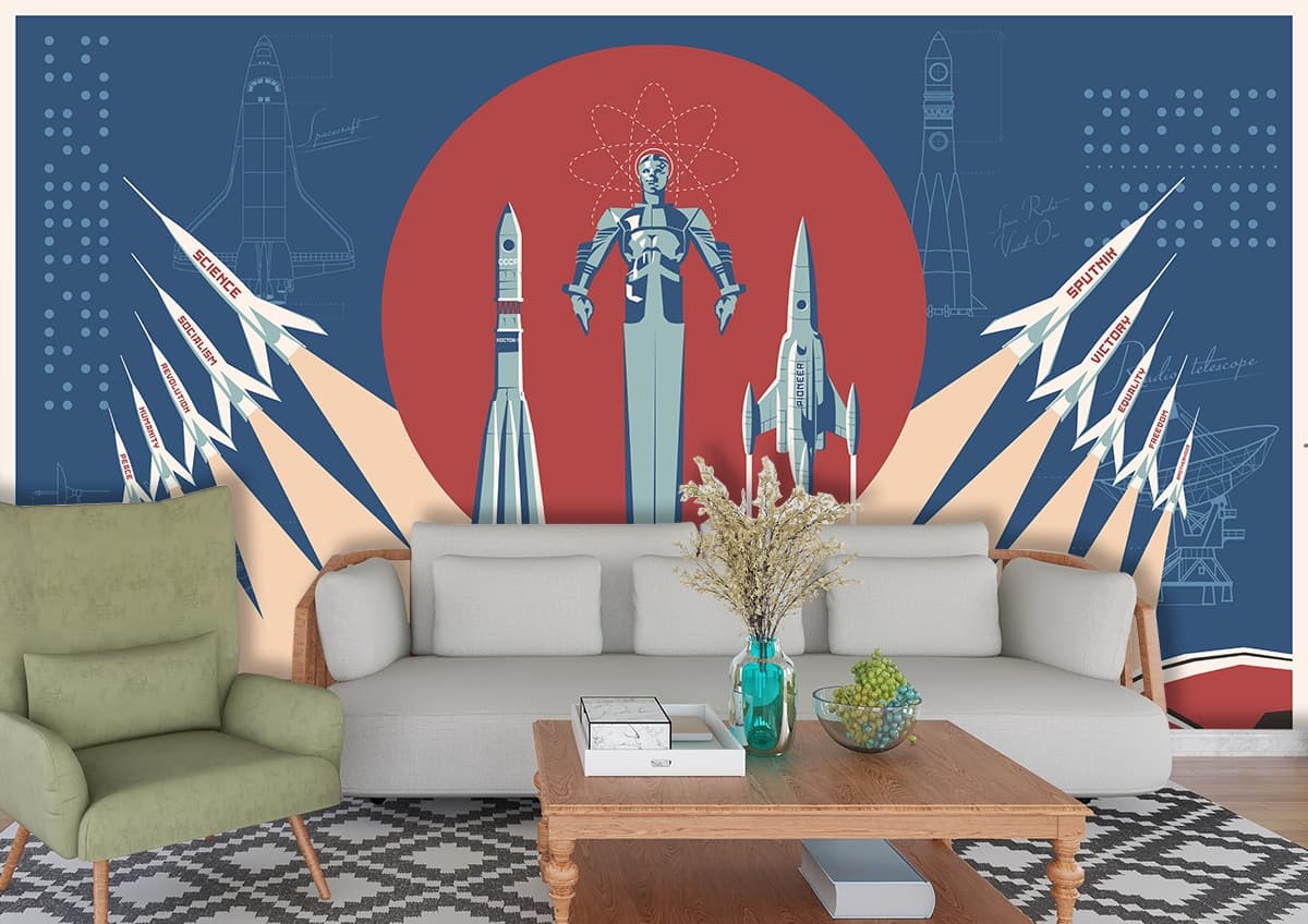 Space Explorer Poster with Astronaut and Rockets Wallpaper shown in a room