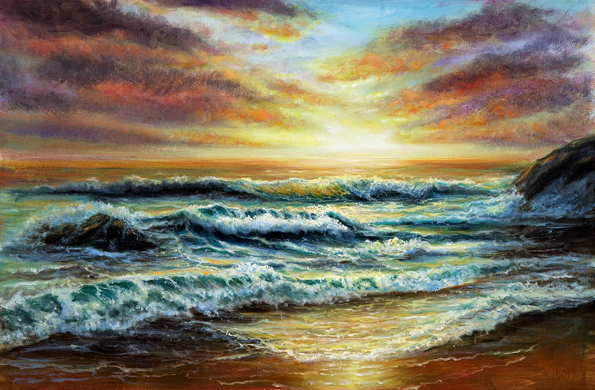 Waves Crashing on Beach Painting Coastal Scene wallpaper pattern detail