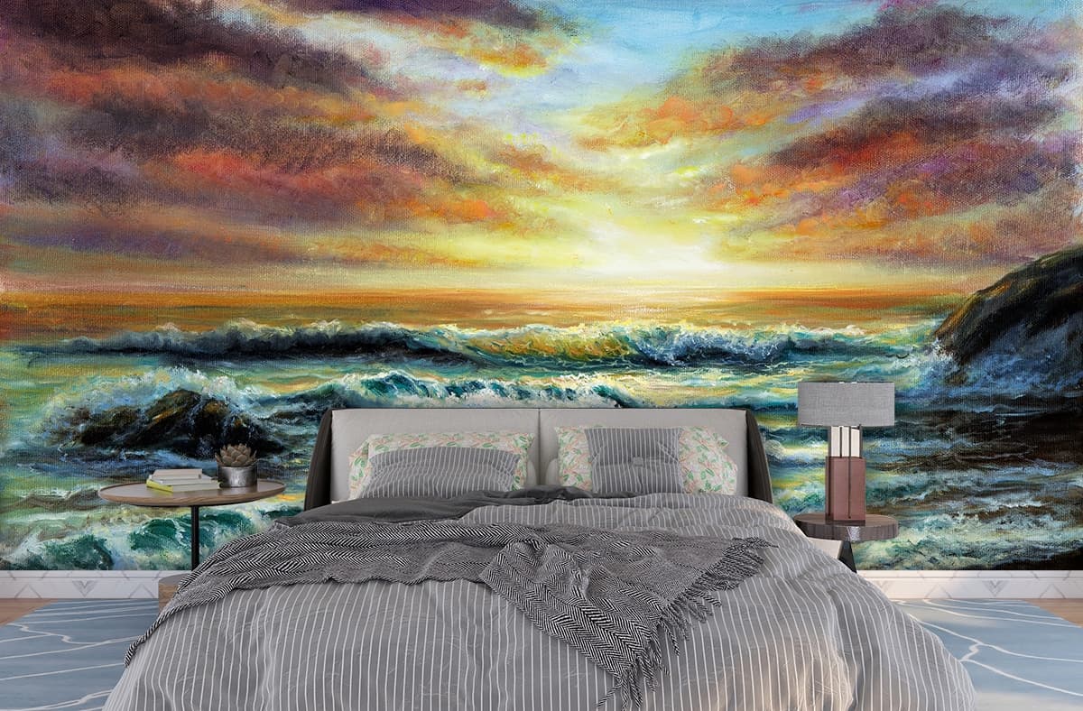 Waves Crashing on Beach Painting Coastal Scene wallpaper shown in a room