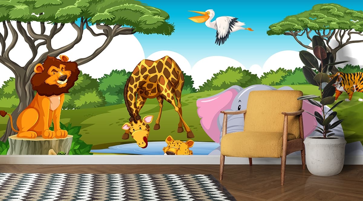 Kids Room Cute Animals Cartoon Wallpaper for Wall shown in a room