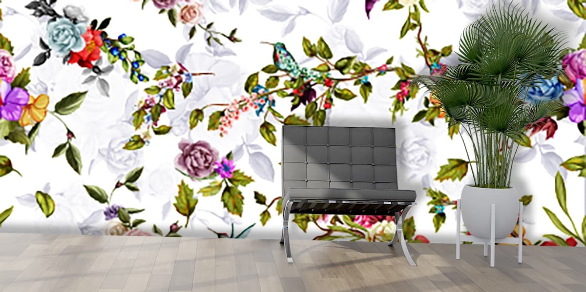 Premium Vintage Birds and Floral Pattern Wallpaper shown in a room