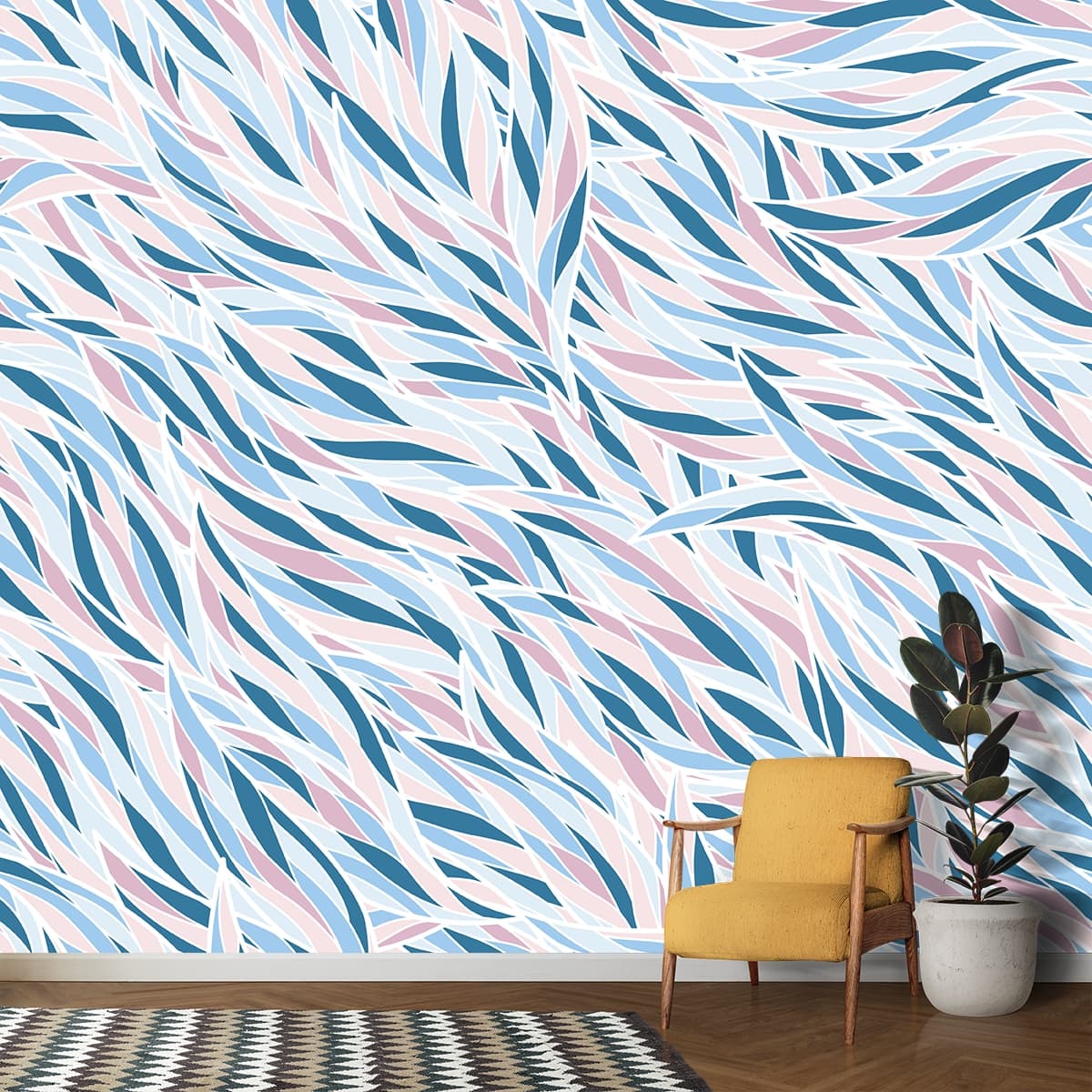A Pattern of Blue and Pink Waves Soft Abstract Wallpaper shown in a room