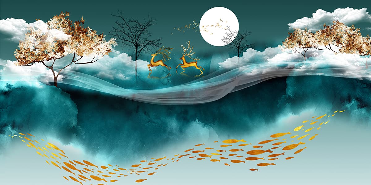 Scenic Trees and Fish Water Landscape wallpaper pattern detail