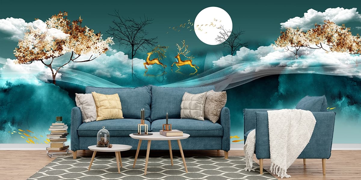Scenic Trees and Fish Water Landscape wallpaper shown in a room