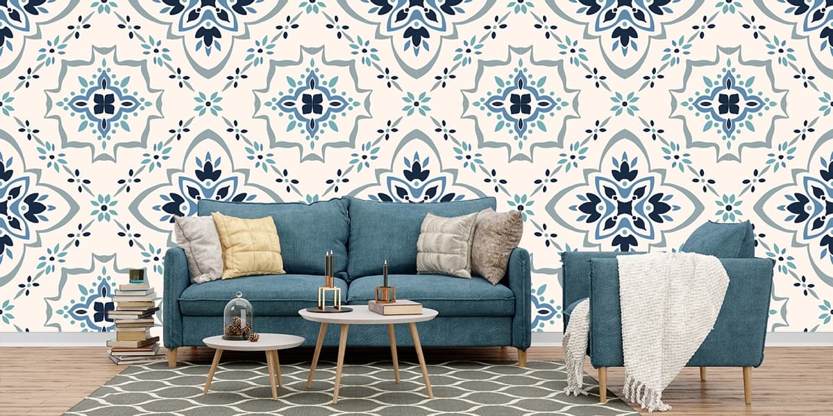 A pattern of blue and white flowers shown in a room