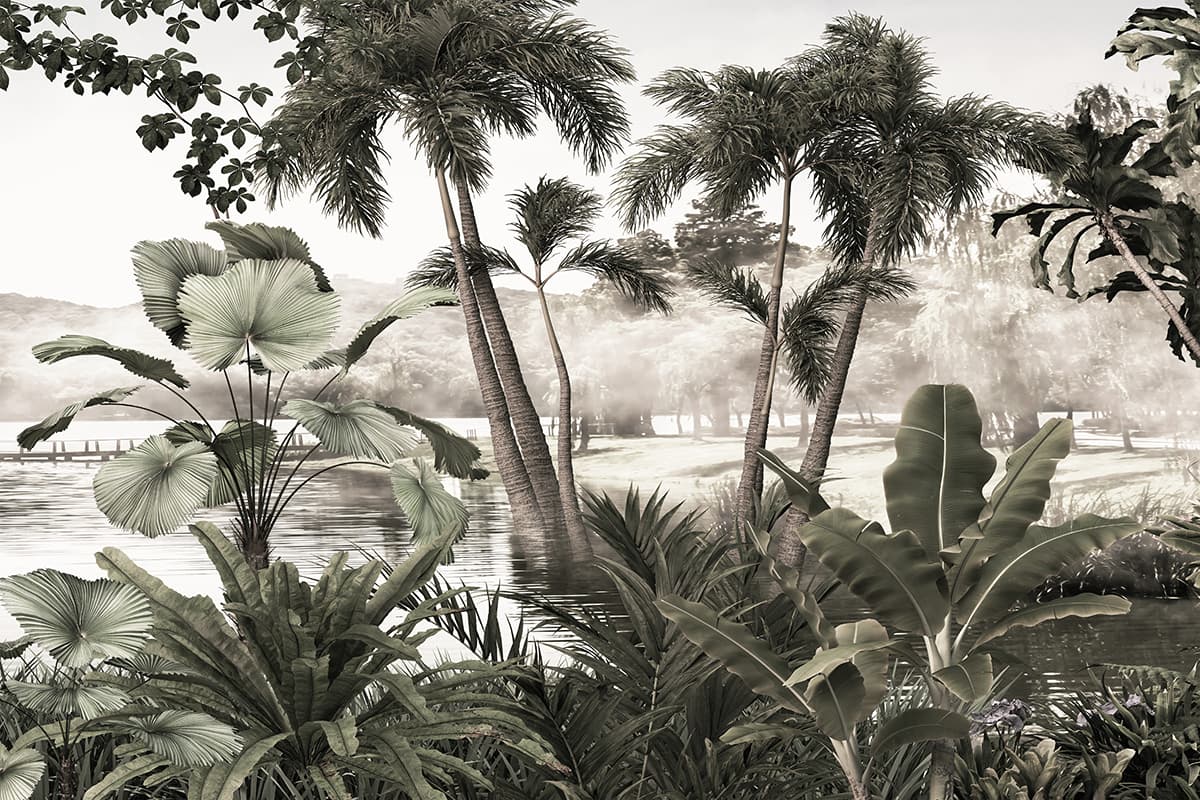 Palm Trees Over Water Scenic Design wallpaper pattern detail