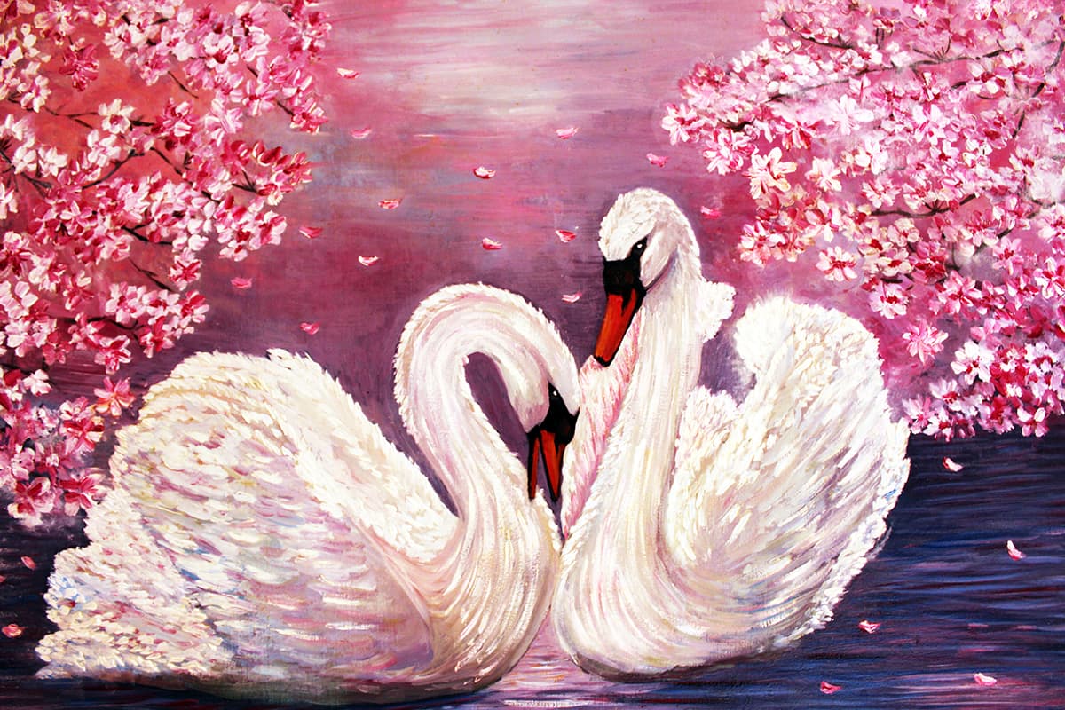 Romantic Swan and Cherry Blossom Wallpaper pattern detail