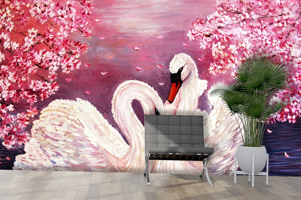 Romantic Swan and Cherry Blossom Wallpaper shown in a room