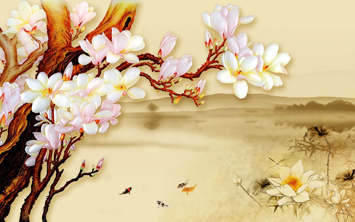 Flowering Tree Branch Painting Botanical wallpaper pattern detail