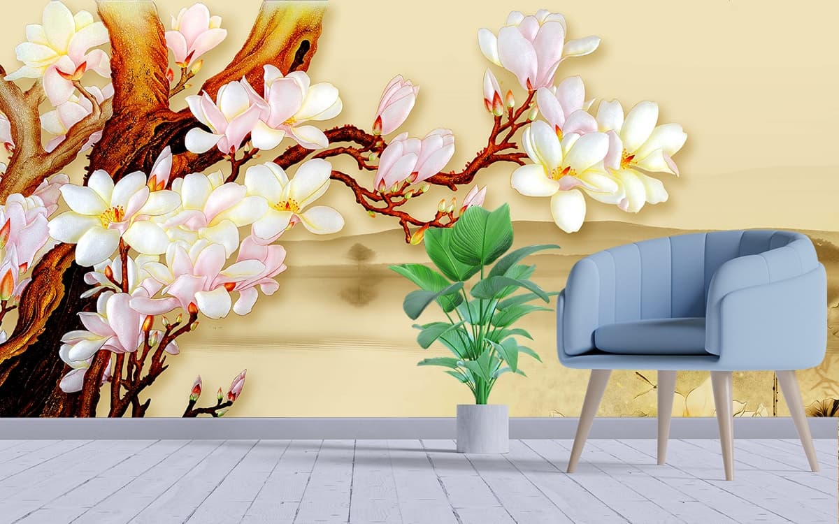 Flowering Tree Branch Painting Botanical wallpaper shown in a room