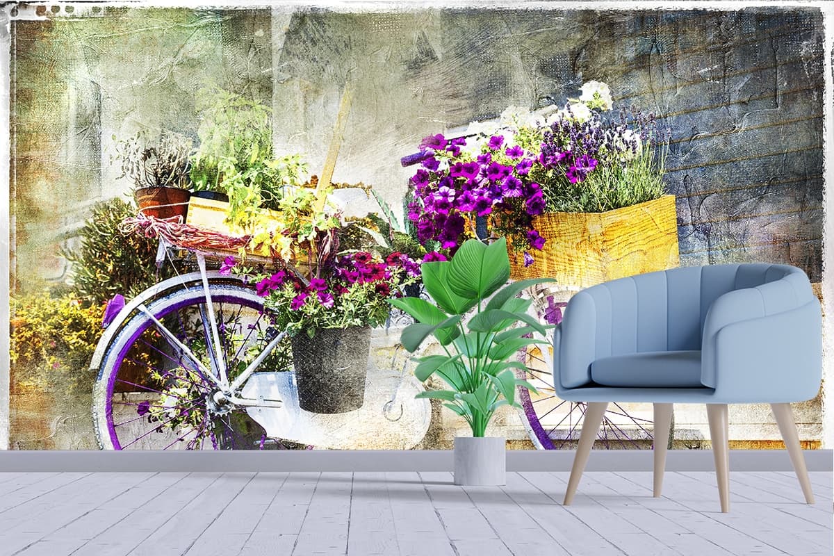 A bicycle with flowers on it shown in a room
