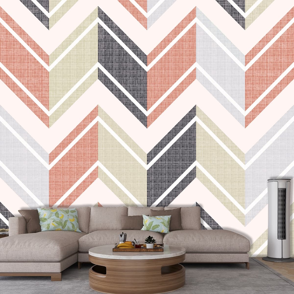 Fabric with Zigzag Lines Wallpaper shown in a room