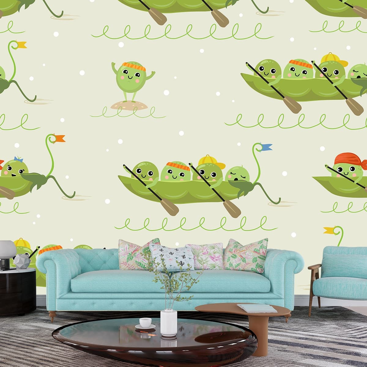 Cute Peas in a Pod Seamless Pattern Kids Wallpaper shown in a room