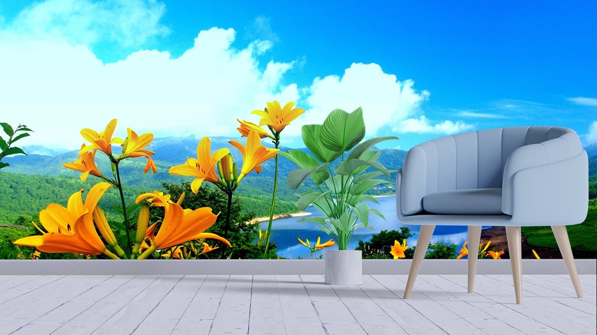 Serene Yellow Flowers Hill with Water Background Wallpaper shown in a room