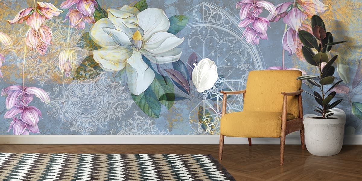Elegant Floral Mural with Large Blossom Art Wallpaper shown in a room
