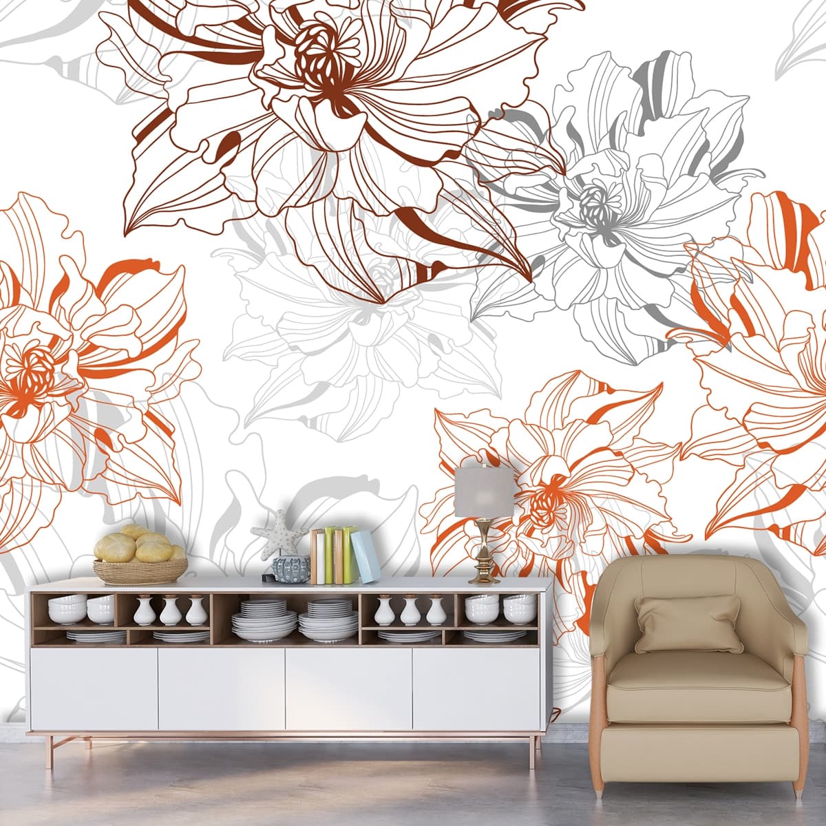 White and Orange Floral Line Art Wall Design Wallpaper shown in a room