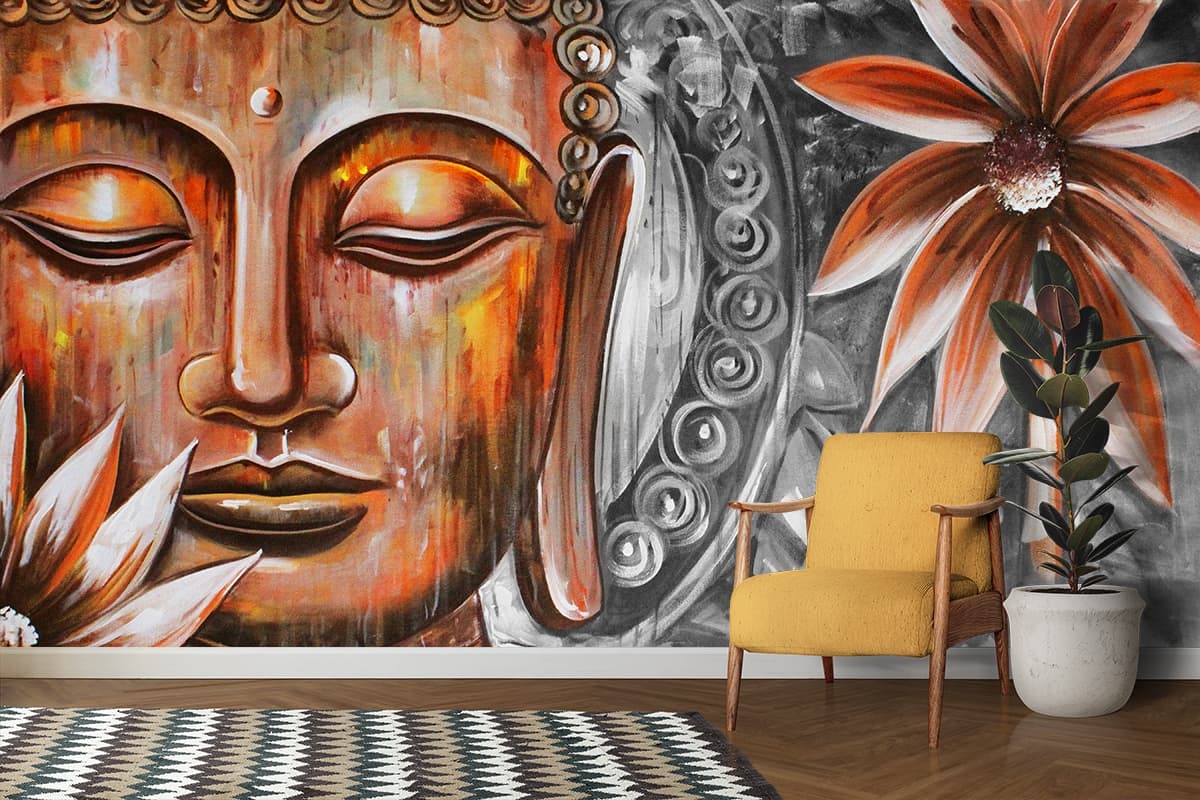 Elegant Spiritual Buddha Wall Design Wallpaper shown in a room